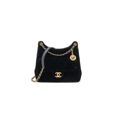 CHANEL 23B HOBO BAG VELVET BLACK GHW 296301 (23*22*7cm)